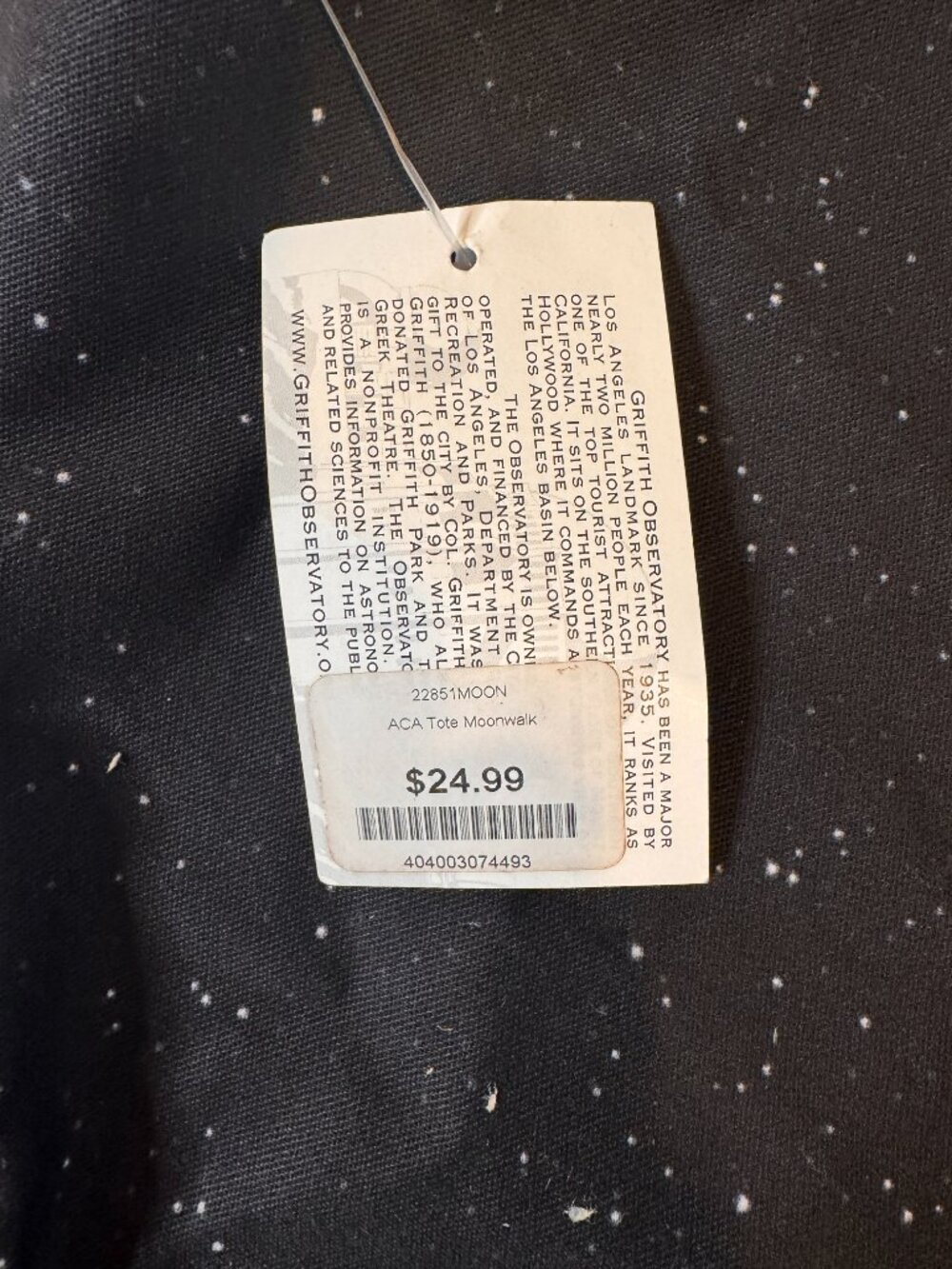 Griffith Observatory Black Canvas Tote Astrounaut Moon Space NWT - Picture 4 of 6